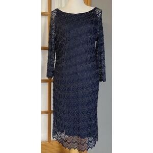 Roz & Ali Women's Evening Dress 14 Navy Embroidered Metallic Lace Side Ruched